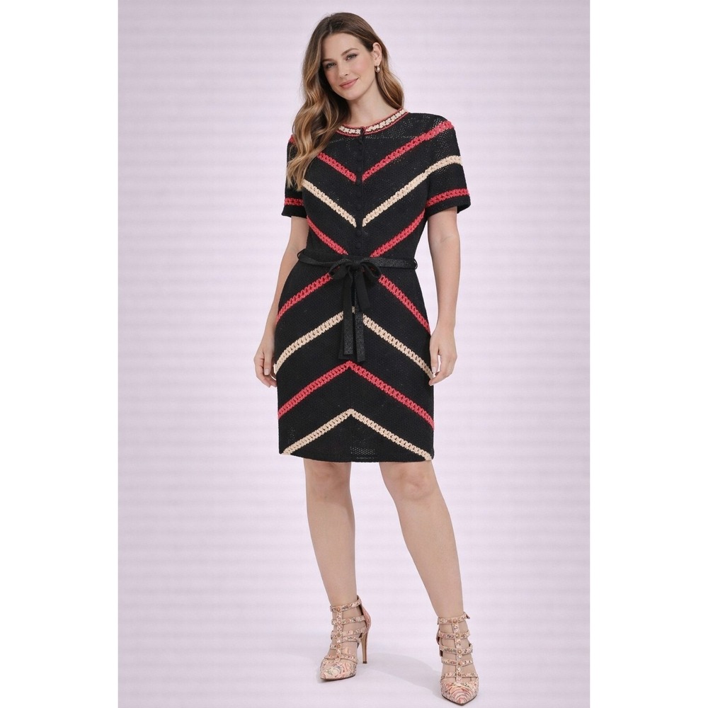 Nougat London Crochet Knit Dress Black Red Beige Short Sleeve Size 1 Belted